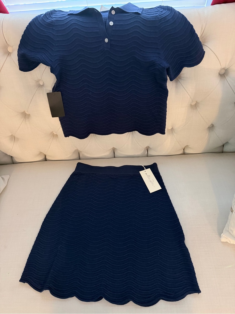Navy blue skirt and blouse set, size S.